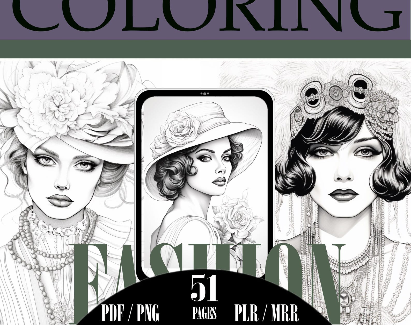 51 PNG Retro Fashion Coloring Pages of Female Models, Resellable Canva ...