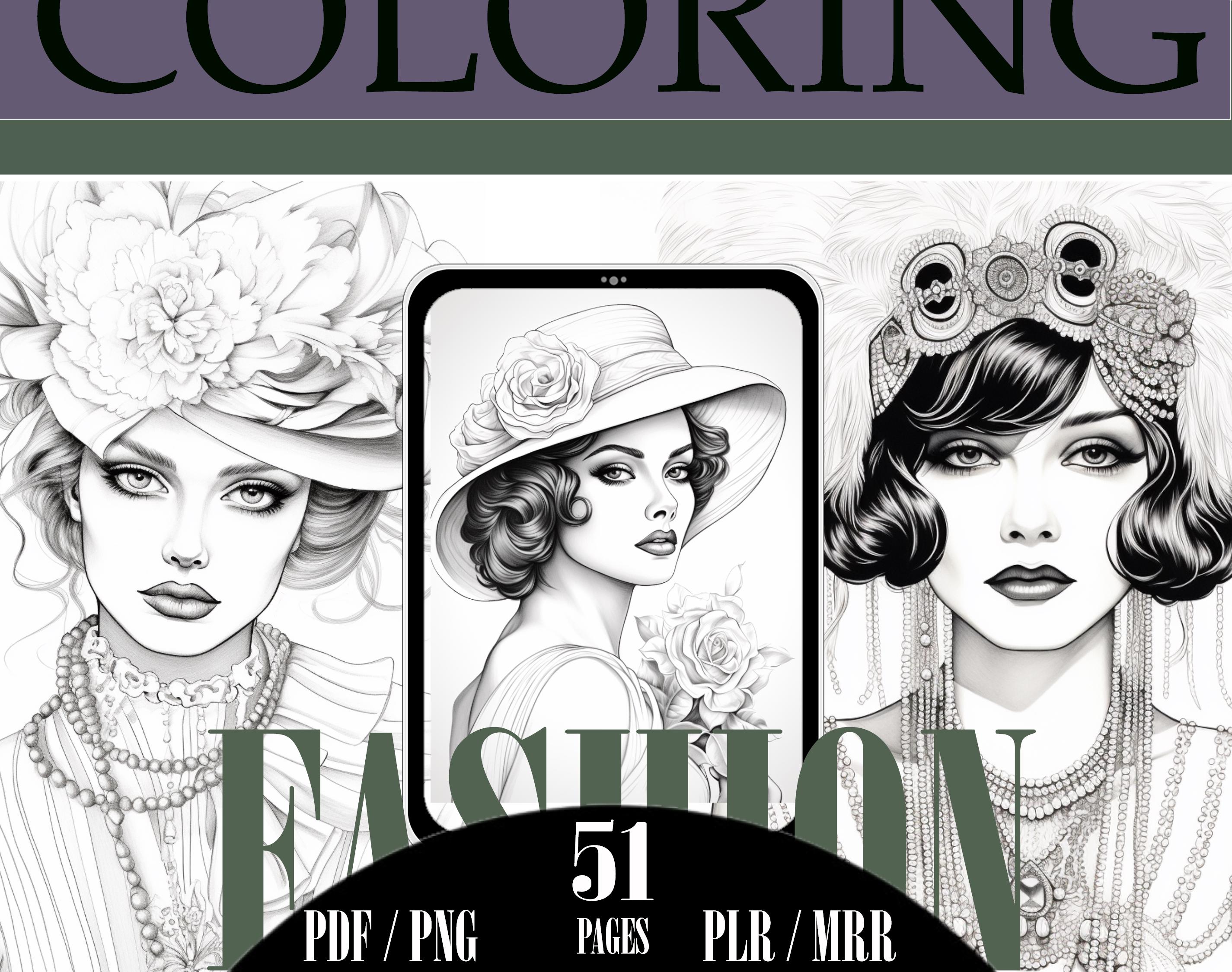 51 PNG Retro Fashion Coloring Pages of Female Models, Resellable Canva ...