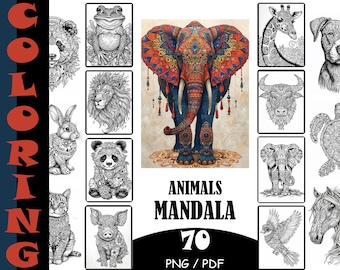 70 PNG Premium Animals Mandala Coloring Pages | Printable | Digital Book | Adult Coloring Pages | Therapeutic Art l Stress Relief l PLR MRR