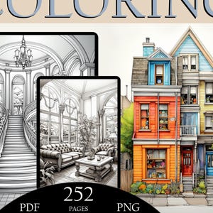252 Houses Coloring Pages, Interior Digital Illustrations, PNG, PLR, MRR, Resell Rights