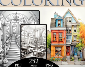 252 Houses Coloring Pages | Interior Coloring | PNG | Digital Coloring Book | PLR | MRR | Resell Rights