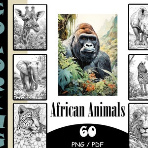 60 枚のプレミアムアフリカ動物ぬりえ | PNG | 印刷可能 | ぬりえブックバンドル | Canva テンプレート | PLR バンドル |