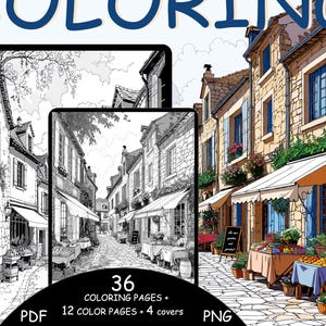 May include: Digital coloring book featuring detailed illustrations of a European village scene. The image shows a black and white drawing of a street scene with shops and buildings, and a color version of the same scene. The text on the image says "36 coloring pages + 12 color pages + 4 covers".