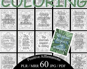60 Positive Affirmations | Printable Adult Coloring Pages | Motivational Quotes | Relaxing l Stress Relief | Resell Rights, Instant Download