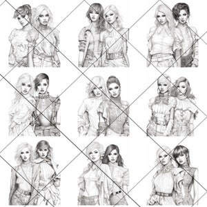 Pu&ograve; includere: Nove disegni a matita in bianco e nero di coppie di donne in varie pose. Ogni disegno presenta due donne con acconciature e stili di abbigliamento simili.