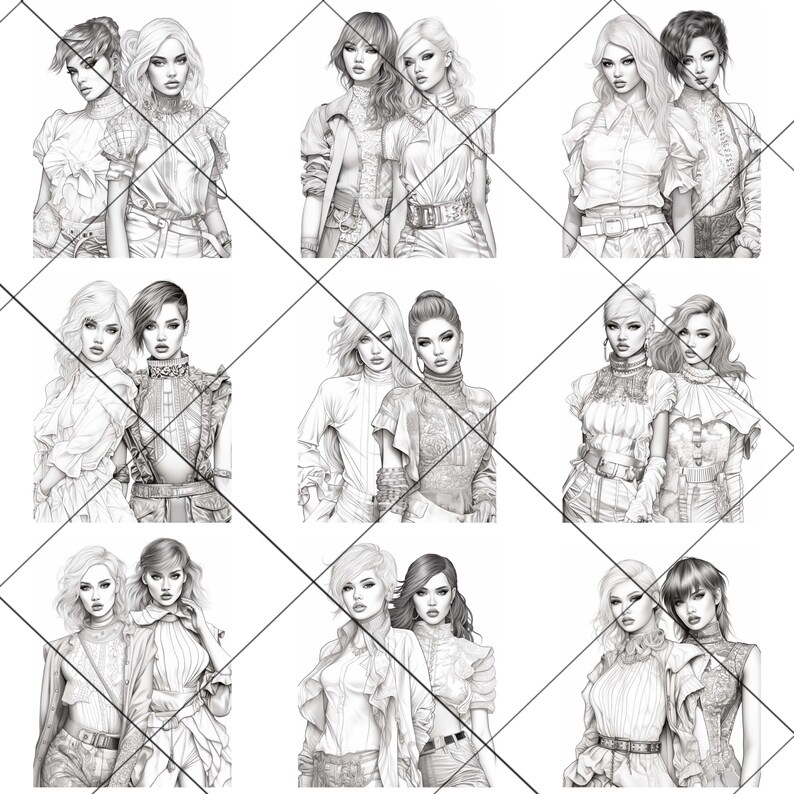 Pu&ograve; includere: Nove disegni a matita in bianco e nero di coppie di donne in varie pose. Ogni disegno presenta due donne con acconciature e stili di abbigliamento simili.
