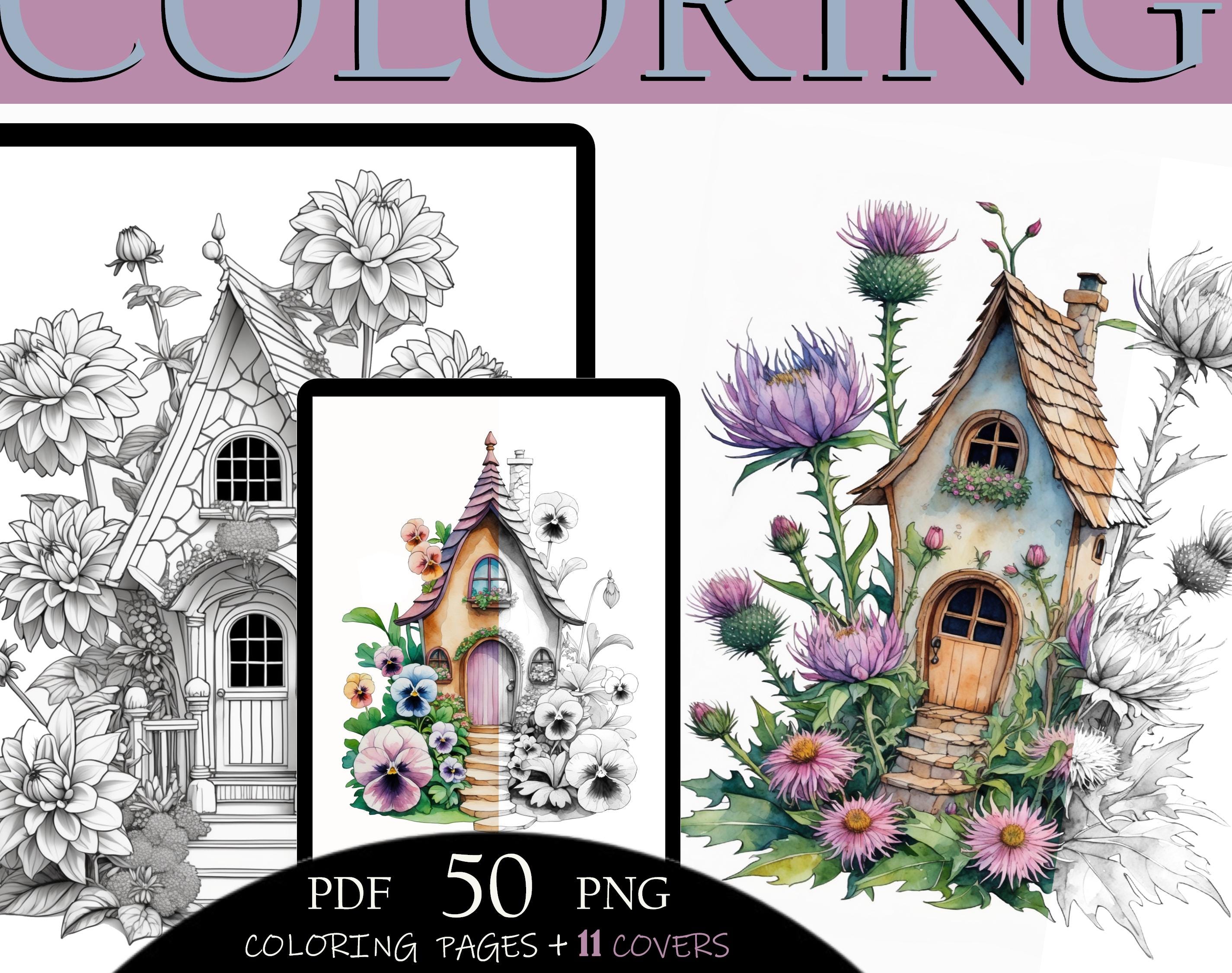 50 Printable, Grayscale Fantasy Coloring Pages l Blooming Fairy House Coloring Book Part 1 l Adults Therapeutic Art l PNG l Personal use