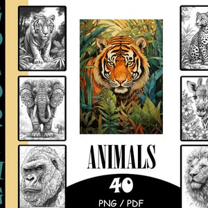 May include: A set of 40 coloring pages featuring various animals, including a tiger, elephant, giraffe, lion, and gorilla. The pages are black and white and have a detailed, intricate style. The text "COLORING ANIMALS 40 PNG / PDF" is at the bottom of the image.