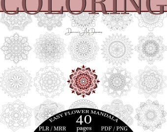 May include: 40 black and white mandala designs for coloring. Easy flower mandala coloring pages.  PLR/MRR PDF/PNG.