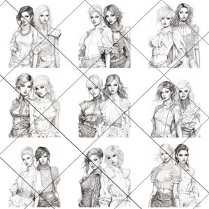 Pu&ograve; includere: Nove illustrazioni in bianco e nero di coppie di donne in varie pose. Ogni coppia indossa diversi stili di abbigliamento, tra cui abiti, camicie e pantaloni. Le illustrazioni sono disegnate in uno stile realistico.