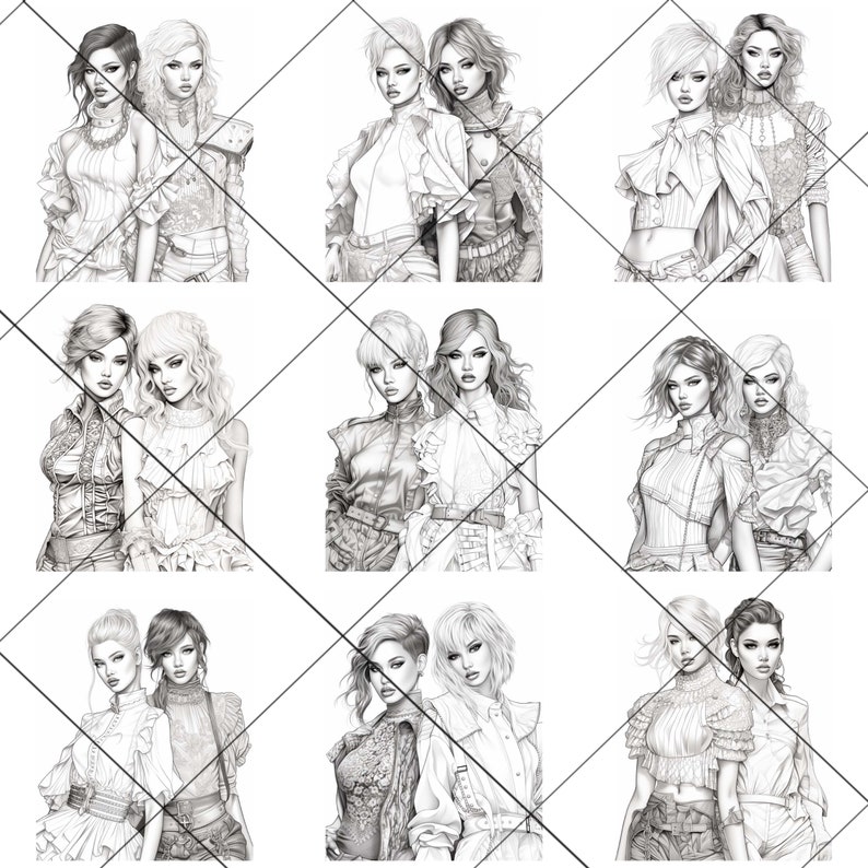 Pu&ograve; includere: Nove illustrazioni in bianco e nero di coppie di donne in varie pose. Ogni coppia indossa diversi stili di abbigliamento, tra cui abiti, camicie e pantaloni. Le illustrazioni sono disegnate in uno stile realistico.