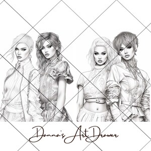 Pu&ograve; includere: Disegno in bianco e nero di quattro donne con diversi stili di capelli e abbigliamento. Le donne indossano giacche, abiti e gonne. Il disegno &egrave; su uno sfondo bianco con un motivo a griglia.