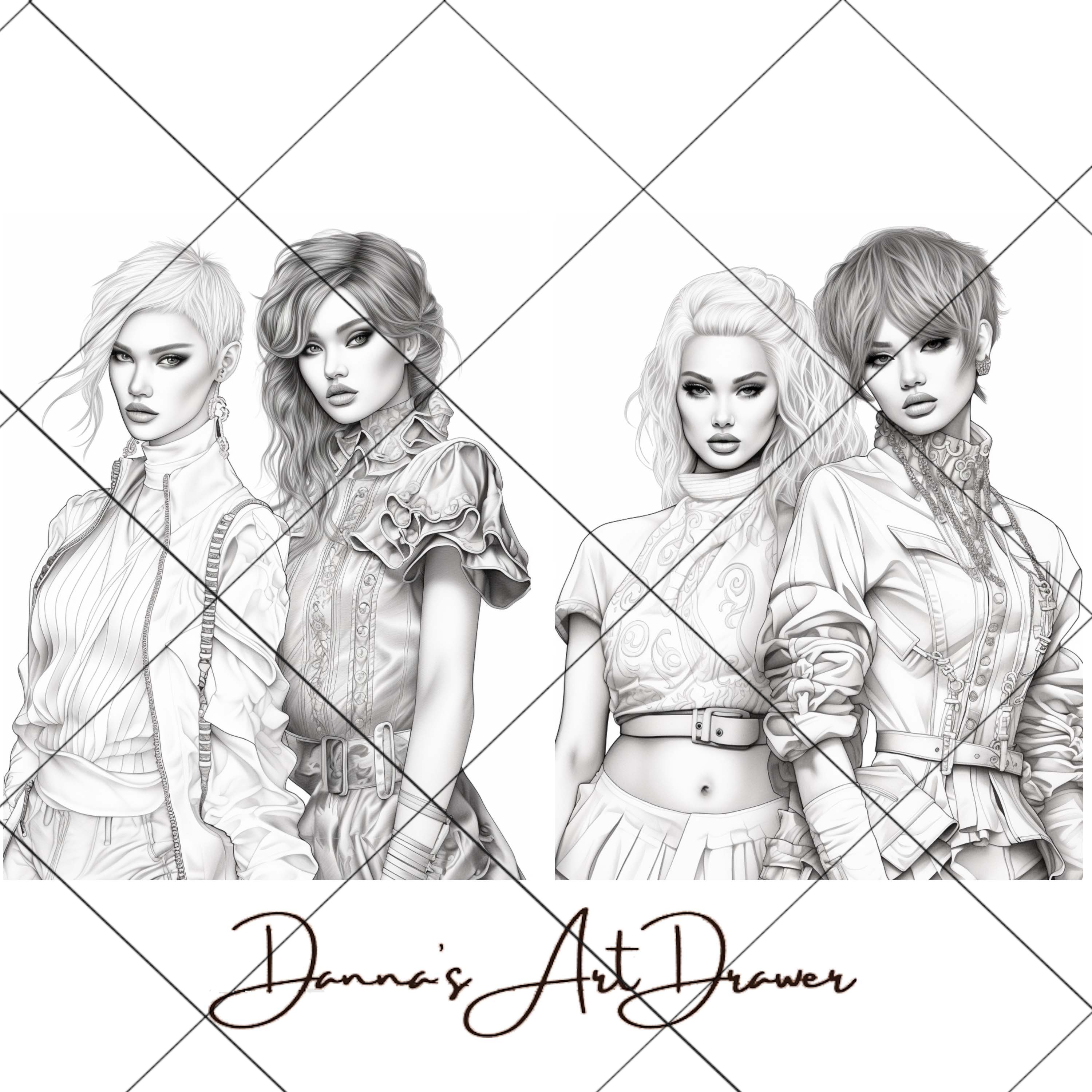 38 Coloring Pages of Female Fashion Models, Resellable Illustrations ...