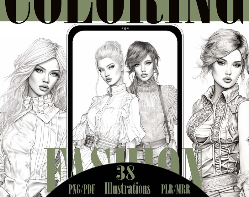 Pu&ograve; includere: Un set di 38 illustrazioni di moda in bianco e nero di donne in varie pose e abiti. Le illustrazioni sono in formato digitale e sono perfette per colorare.