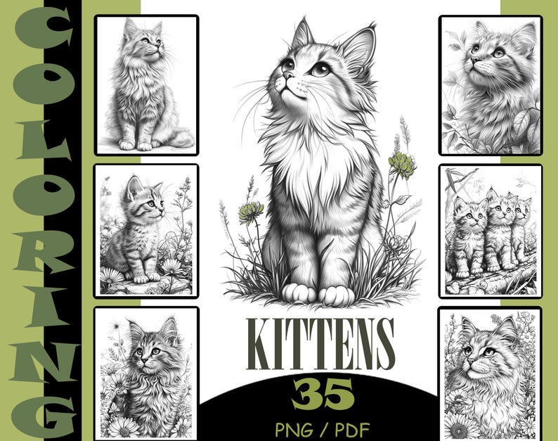 May include: A set of 35 black and white colouring pages featuring adorable kittens in various poses. The pages are titled "Kittens" and include the text "PNG / PDF".