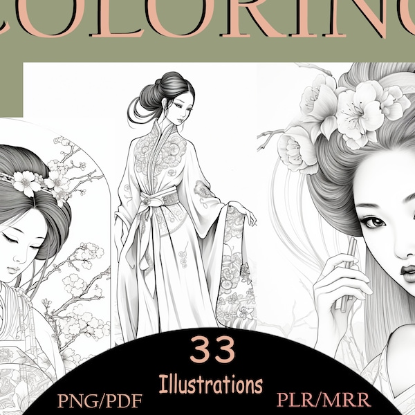 33 Coloring Pages of Asian Female Models | Resellable digital product | Illustration | Coloring Book | Canva Templates | PLR | Resell Rights