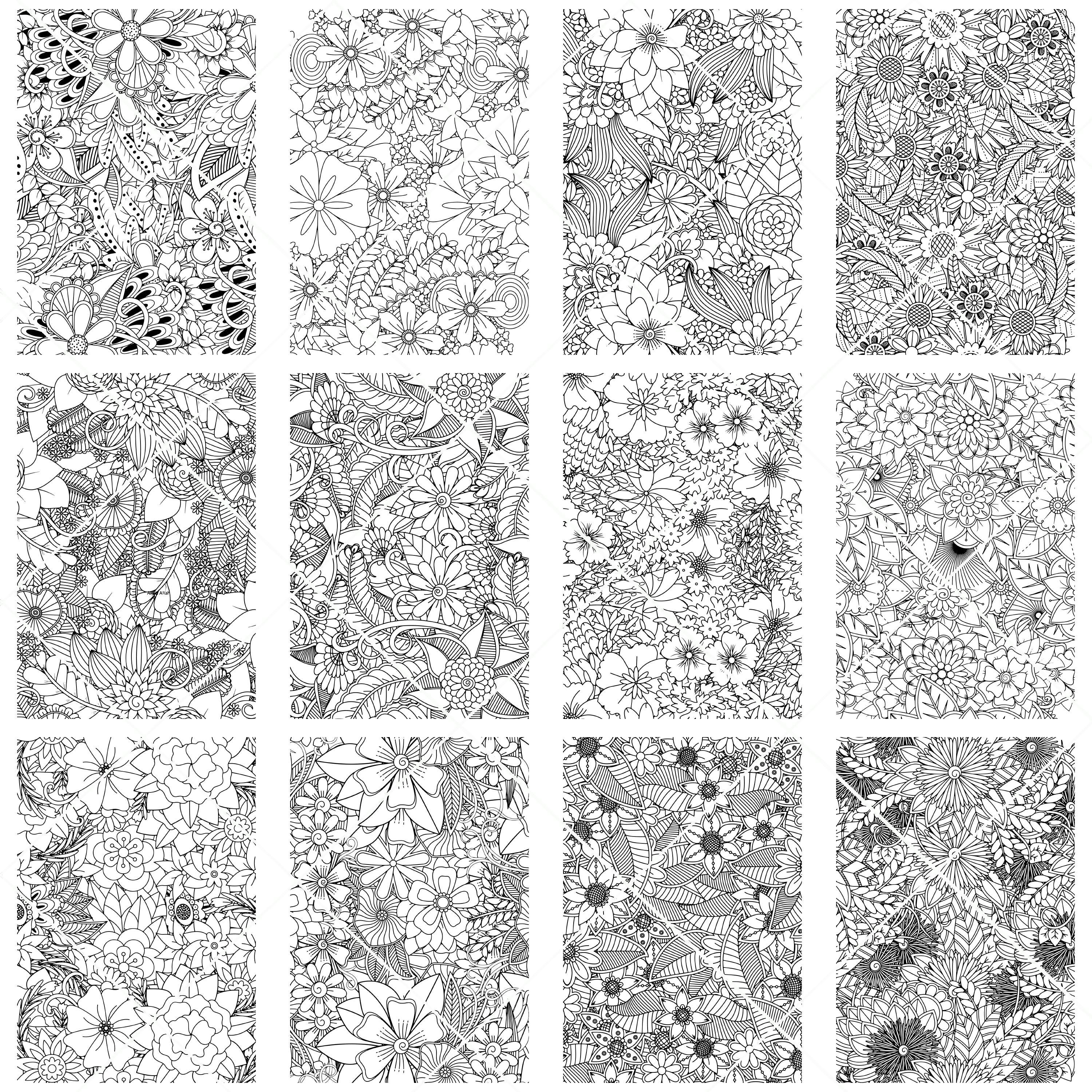60 PNG Coloring Pages of Flowers for Adults, Stress Relief, Printable ...