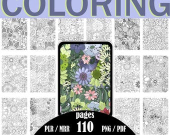 110 Coloring Pages of Flowers for Adults, Stress Relief, Printable, MRR, Resell Rights, PNG
