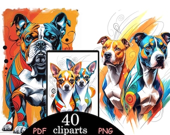 May include: Digital art featuring stylized dog portraits in vibrant colors. The image includes a bulldog, two pit bulls, and two Chihuahuas. The image also includes the text "40 PDF cliparts PNG".