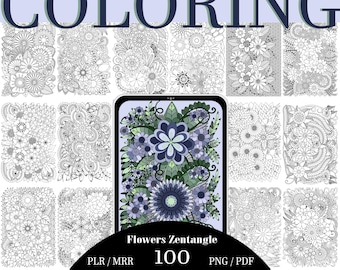 100 Flowers Zentangle Coloring Pages, Stress Relief, Printable, Zen Doodle Pattern, PNG, MRR