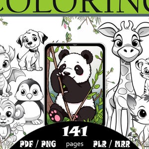 141 pages à colorier pour les enfants | Livre de coloriage animaux | Numérique | Lot de livres à colorier | PNG | Modèles de toile | Droits de revente | DPP | RMP