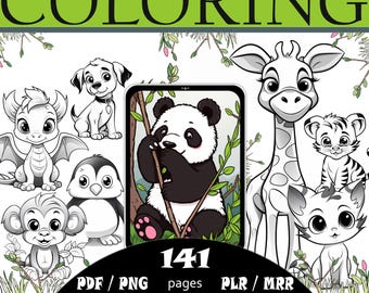 141 páginas para colorear para niños, ilustraciones digitales de animales, PNG, derechos de reventa, PLR, MRR