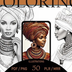 Könnte beinhalten: Ein Set mit 50 Malvorlagen, die Schwarzweiß-Zeichnungen von Frauen in traditionellen afrikanischen Kopfbedeckungen und Schmuck zeigen. Die Illustrationen sind im PDF- und PNG-Format verfügbar und können für den persönlichen und kommerziellen Gebrauch verwendet werden. PLR/MRR.