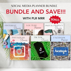 May include: A bundle of social media planner templates for Pinterest, YouTube, Instagram, TikTok, Facebook, and Digital Products. The planners are colorful and feature icons for each platform. The text "Bundle and Save!" is in red.