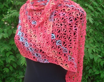 Light triangular scarf - red/yellow/turquoise/rose summer - handmade