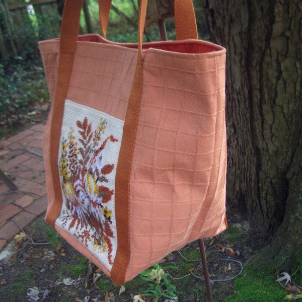 Vintage Needle Bag Gobelin Upcycling Tasche terracotta mit Silberdiestel Handarbeit