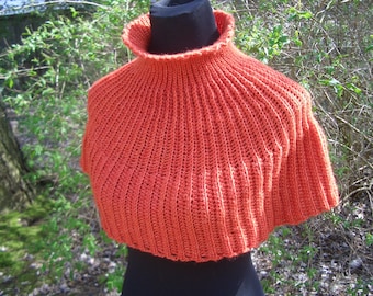 Shoulder warmer short poncho shawl collar orange - size. 38/40 - Cotton/Merino handmade