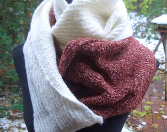 Fluffy scarf - women/men - rust brown/natural white - hand knit