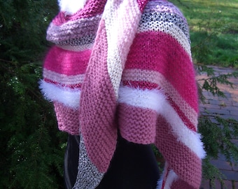 Scarf - triangular scarf - pink tones + pink + white fleece + glitter handmade