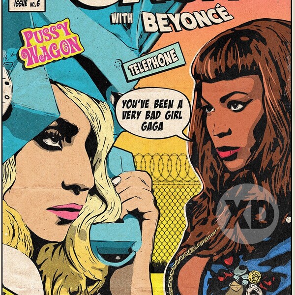 Lady Gaga & Beyonce – Telefon Vintage Comic Cover Kunstdruck