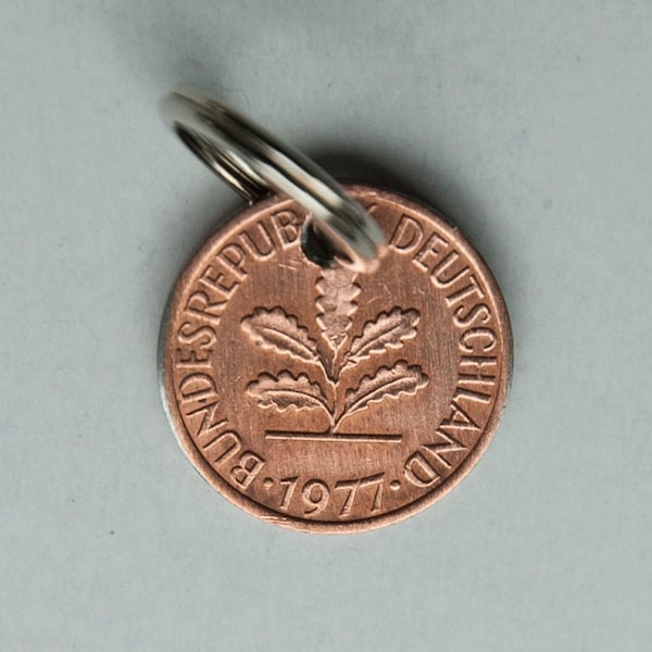 1977 47th birthday 1 Pfennig anniversary wedding anniversary, commemorative year, fun, key ring, West Germany, Mother's Day, Easter Valentine's Day Father's Day