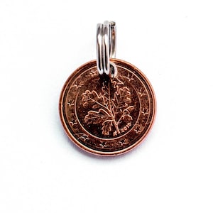 May include: A copper-coloured 1 euro cent coin with an oak leaf design and the year 2019 on the reverse. The coin is attached to a silver keyring.