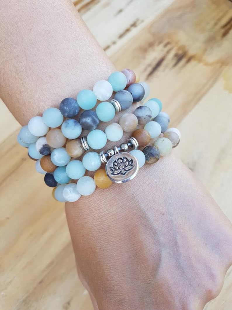 Natural Matte Amazonite Healing Mala Necklace Bracelet with Lotus Pendant