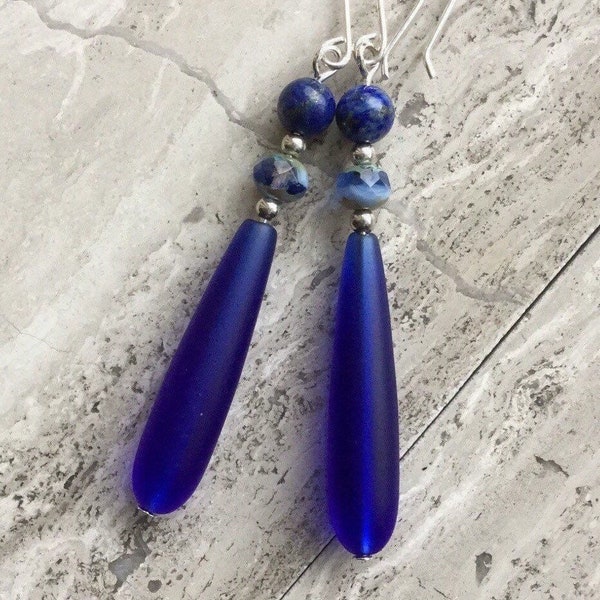 Long Blue Earrings with Teardrop Recycled Glass, Lapis and Blue Czech Glass Beads. Sea Glass Earrings that are perfect statement jewelry