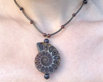 Ammonite Fossil Necklace, Ammonite with Carnelian and Brown Speckled Beads. Fossil Necklace for Stone Lovers. Natural Eco Friendly Gift.