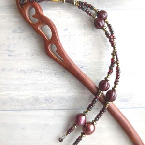 Wooden Hair Stick with Ruby Beads and Luminescent Brown Pearls Great Hair Jewelry for Long Hair. Buy 2 for free Shipping! One of a Kind Item