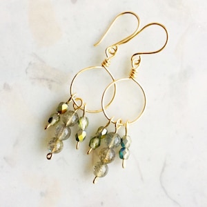 Gold Small Hoop Earrings with Silver and Blue Labradorite Beads and Iridescent Silver and Green Beads. Light Statement Earrings