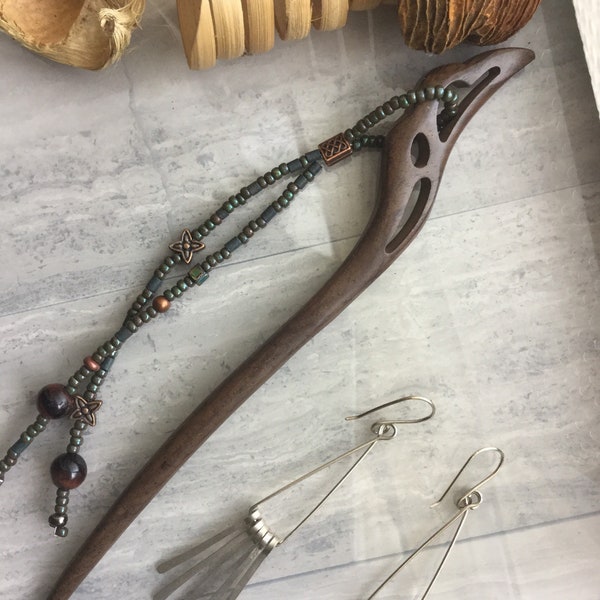 Wooden Hair Stick made of Natural Carved Sandalwood with Tigers Eye, Blue and Gray Beads with Floral Accents. Gift under 20 dollars