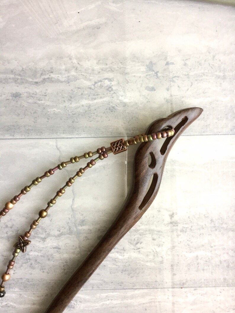 Sandalwood Hair Stick with Decorative Bead Strands.