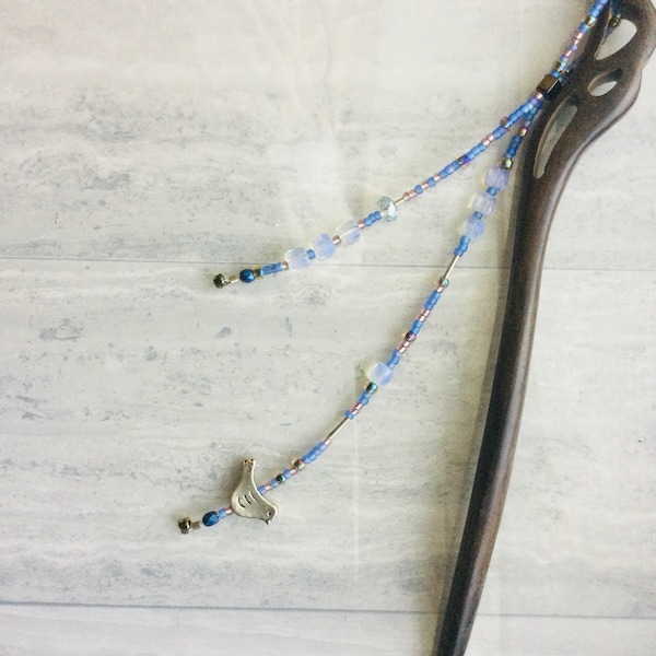 Wood Hair Stick with Luminescent White Moonstone and Blue Beads with Silver Bird Accents. Perfect Hair Bun Maker! Great for Long Hair Buns