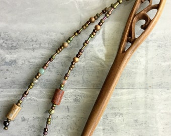 Beaded Wooden Hair Stick with Fossilized Coral, Seafoam Matte Beads and Copper Accents! Gift under 20. Eco Friendly Natural Product.