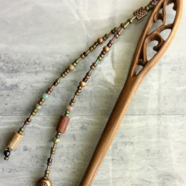 Beaded Wooden Hair Stick with Fossilized Coral, Seafoam Matte Beads and Copper Accents! Gift under 20. Eco Friendly Natural Product.
