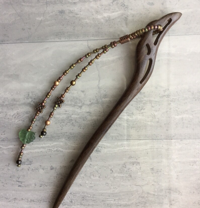 Sandalwood Hair Stick with Decorative Bead Strands.