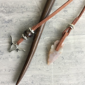 Wooden Hair Stick with Texas Symbol and ArrowHead on Eco-friendly Suede. One of a kind Tribal Hair Stick. For Long Hair. Two Unisex Designs.