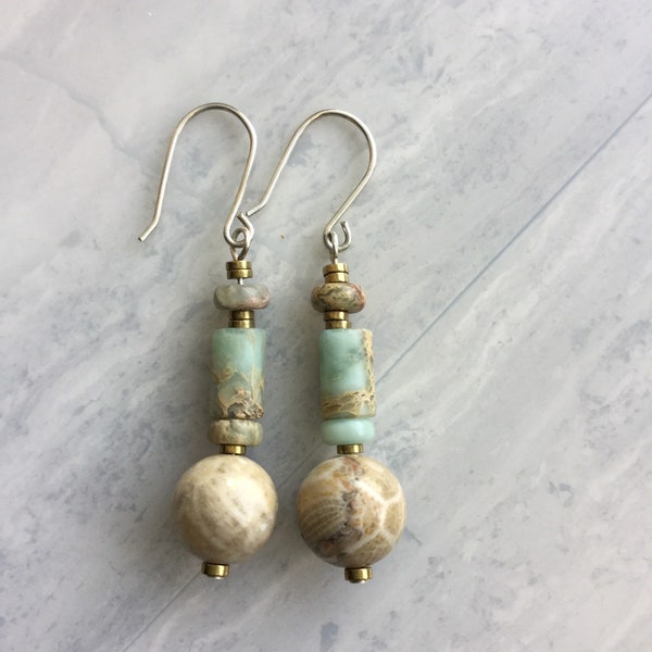 Beaded Coral Earrings with Fossilized Coral, Light Blue and Tan Aqua Terra Beads. Handmade Earrings Under 30 Dollars. Beach Girl Jewelry.