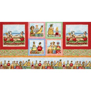 Puede incluir: Panel de tela con ilustraciones caprichosas de figuras como frutas y verduras en una playa. El diseño incluye escenas enmarcadas con bordes rojos y un borde repetido de personajes similares en la parte inferior.